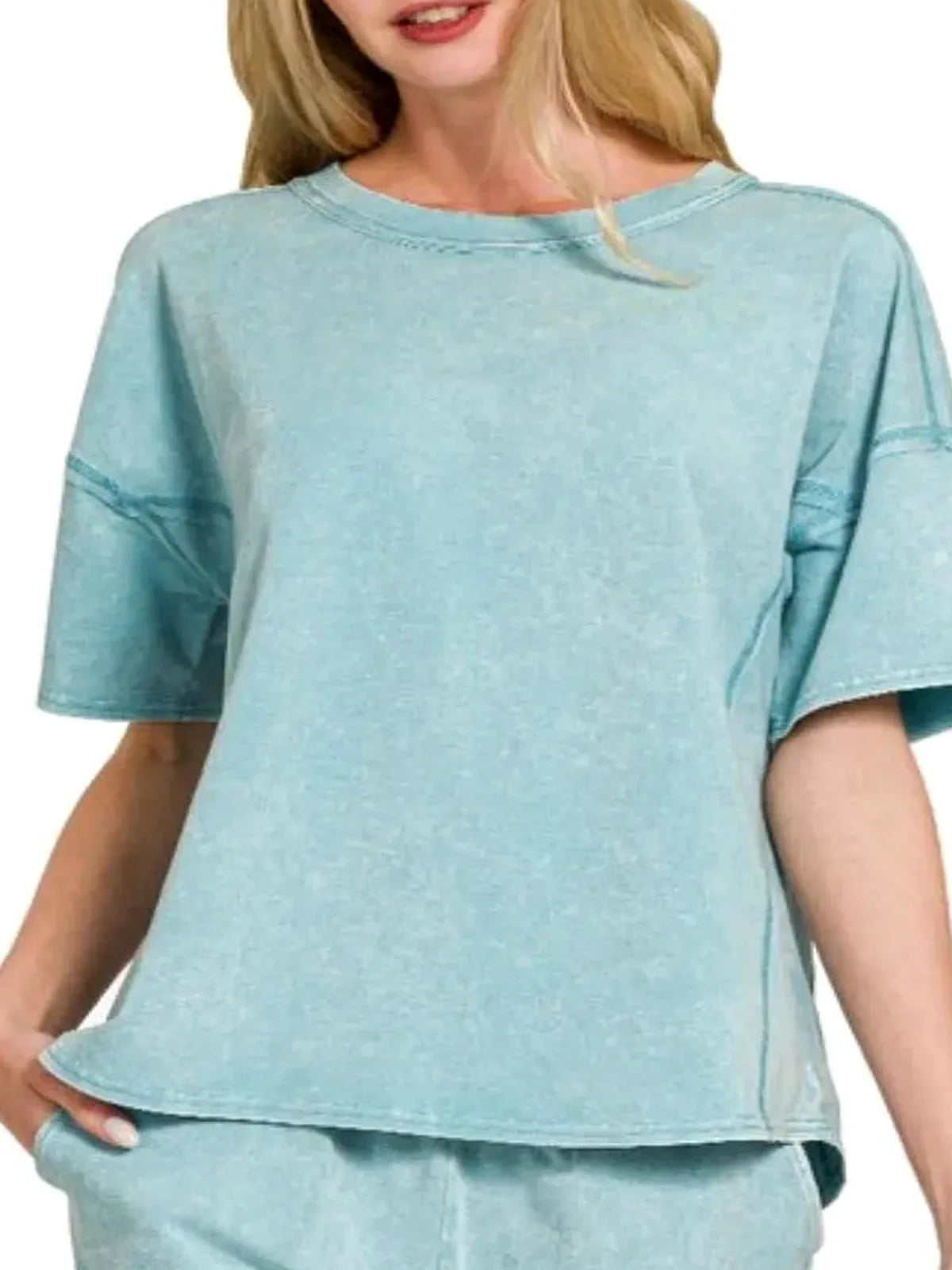 Acid Washed Short Sleeve Tee & Shorts Set in DUSTY TEAL — detail view — Livostyle