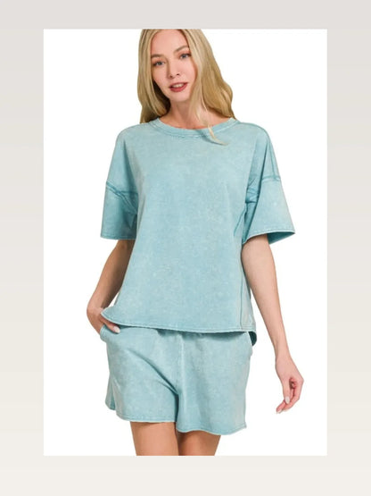Acid Washed Short Sleeve Tee & Shorts Set in DUSTY TEAL — styled showcase — Livostyle