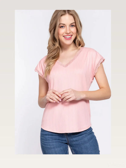 Elegant V-Neck Lace Trim Ribbed Short Sleeve Top — styled showcase — Livostyle