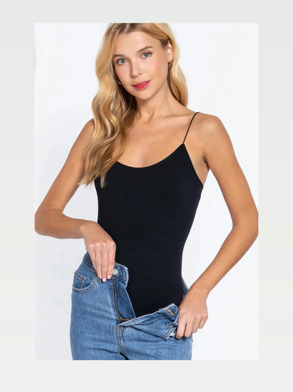 Black Elegant Ribbed Round Neck Cami Bodysuit — styled showcase — Livostyle