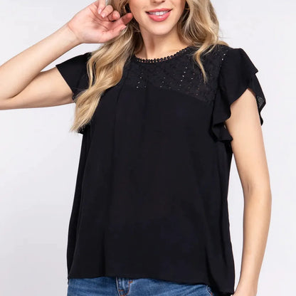 Feminine Ruffle Sleeve Crochet Blouse in Breathable Rayon — square view — Livostyle