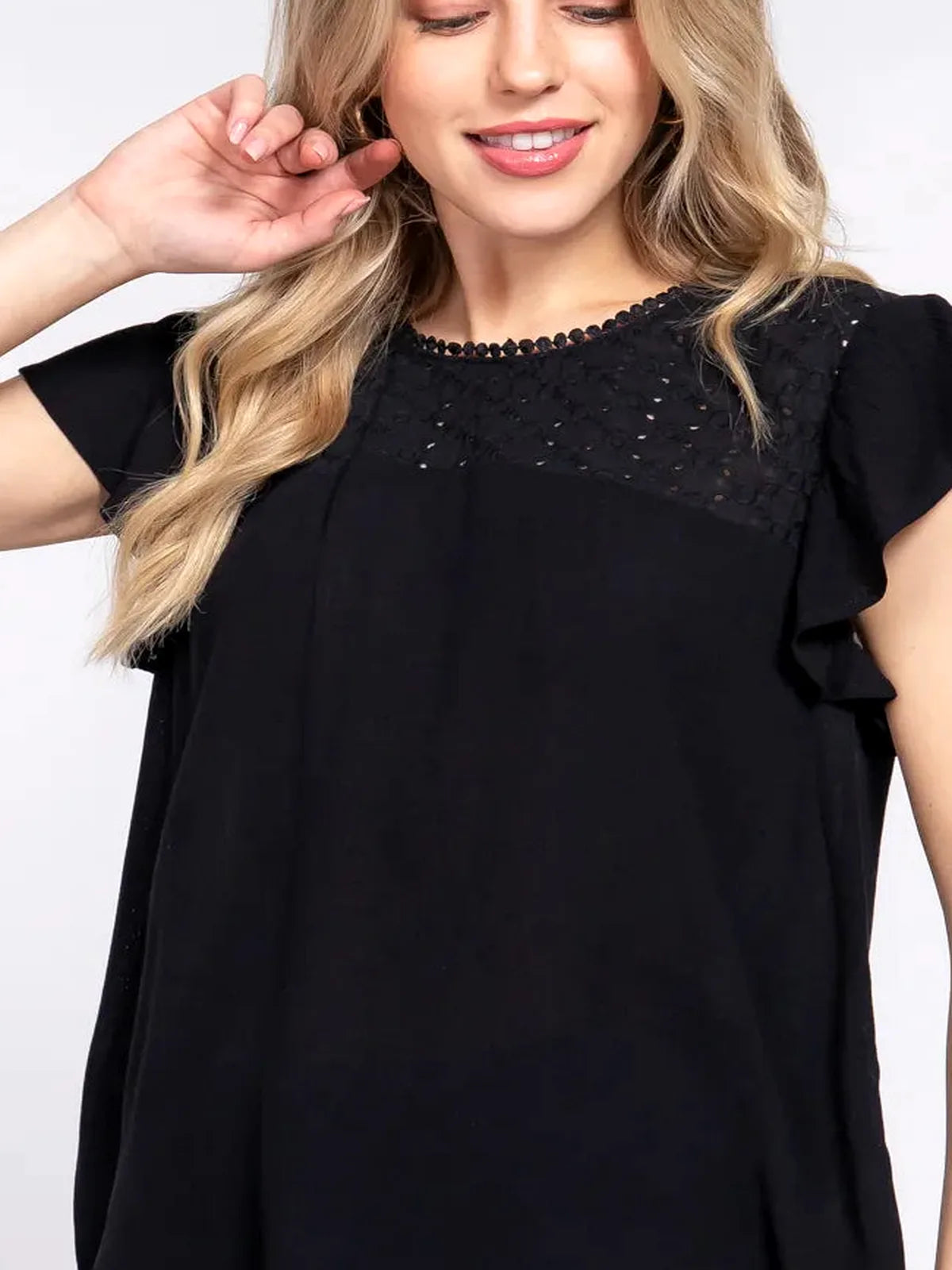 Feminine Ruffle Sleeve Crochet Blouse in Breathable Rayon — detail view — Livostyle