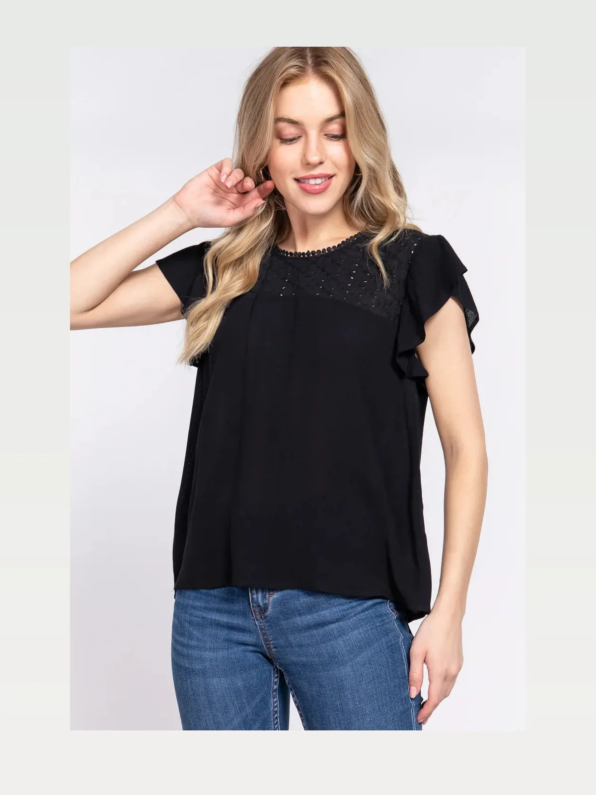 Feminine Ruffle Sleeve Crochet Blouse in Breathable Rayon — styled showcase — Livostyle