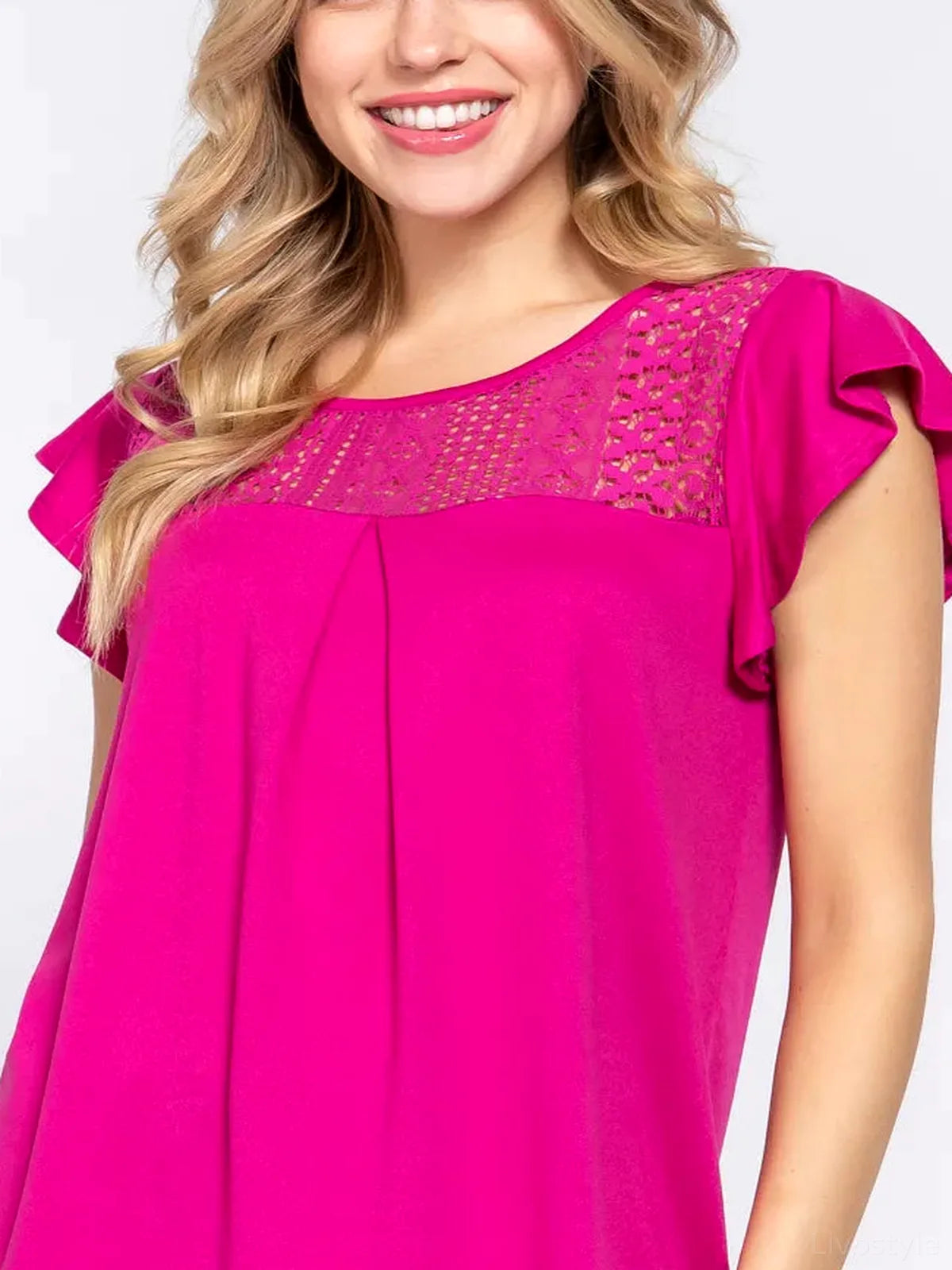 Feminine Ruffle Sleeve Lace Knit Top for Stylish and Versati — detail view — Livostyle