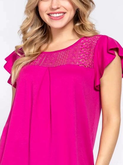 Feminine Ruffle Sleeve Lace Knit Top for Stylish and Versati — detail view — Livostyle