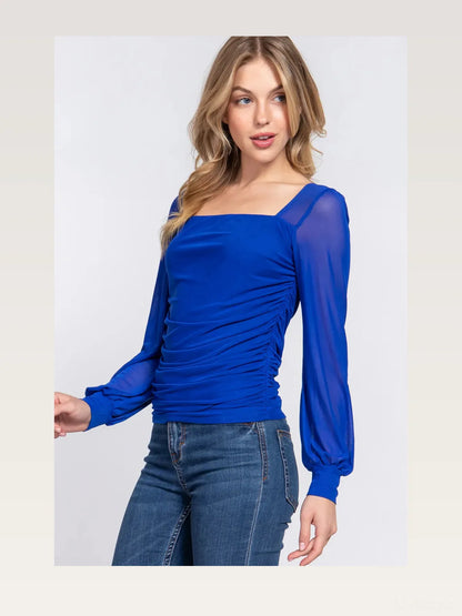 Elegant Square Neck Mesh Top with Long Shirred Sleeves — styled showcase — Livostyle