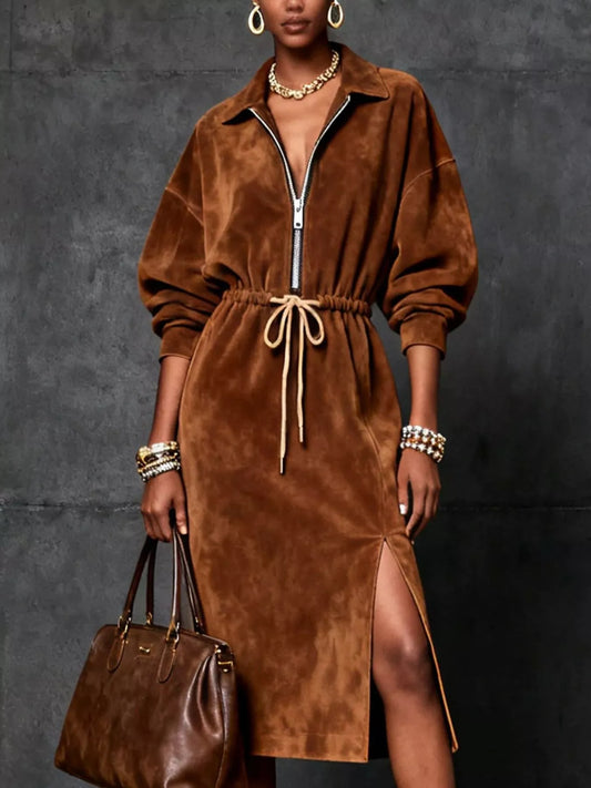Slit Zip-Front Drawstring Midi Dress in Brown