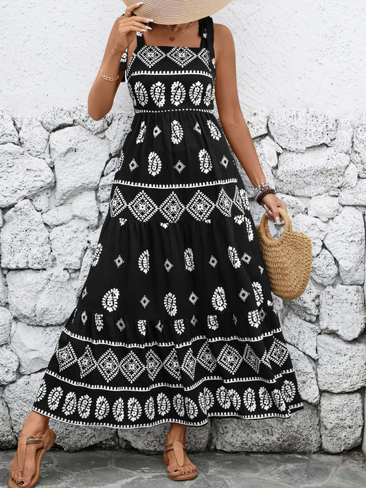 Printed Square Neck Ruched Tie Viscose Blend Maxi Dress in Black