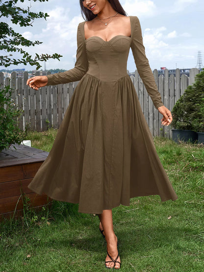 Sweetheart Neckline Long Sleeve A-Line Midi Dress in Brown