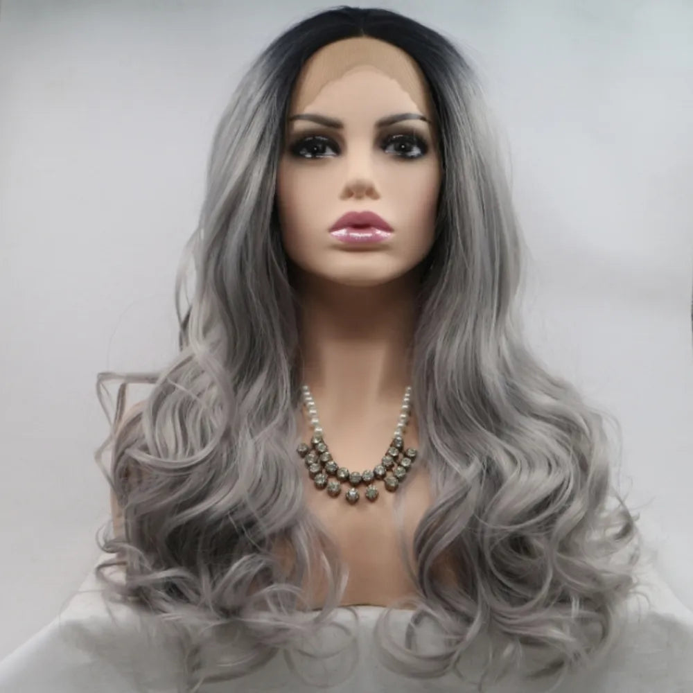 24" Lace Front Synthetic Wig in Grey Ombre, Long Wavy — Livostyle