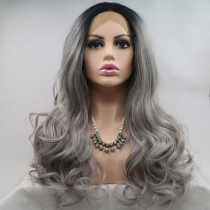 24" Lace Front Synthetic Wig in Grey Ombre, Long Wavy — Livostyle