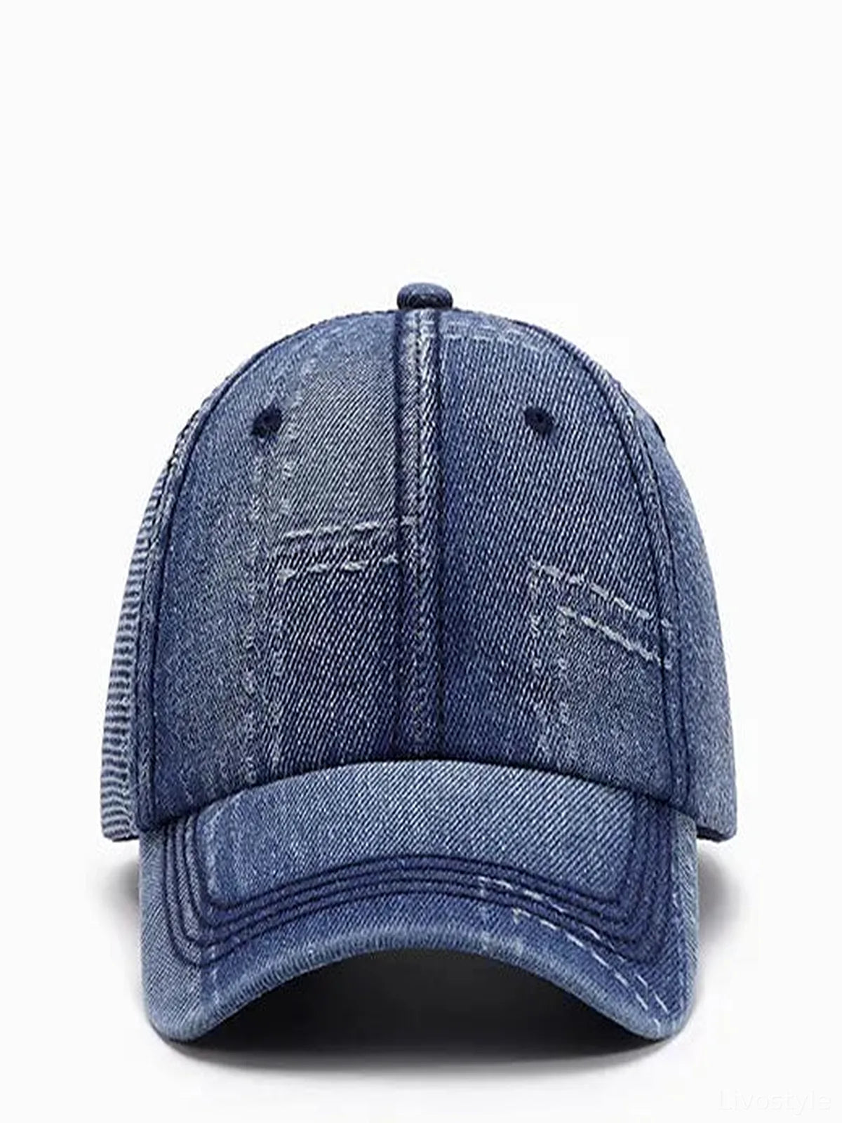 Blue Denim Patchwork Cotton Baseball Cap — detail view — Livostyle