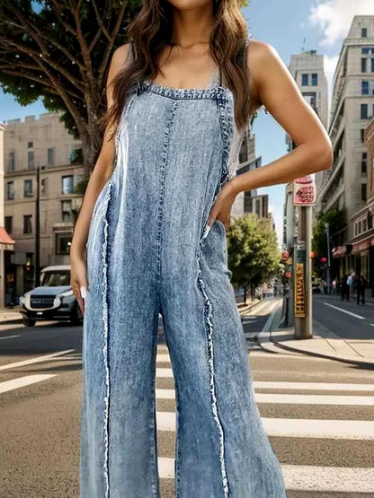 Adjustable Strap Wide Leg Denim Overalls — detail view — Livostyle
