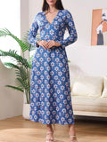Floral Print V-Neck Long Sleeve Midi Dress in Blue