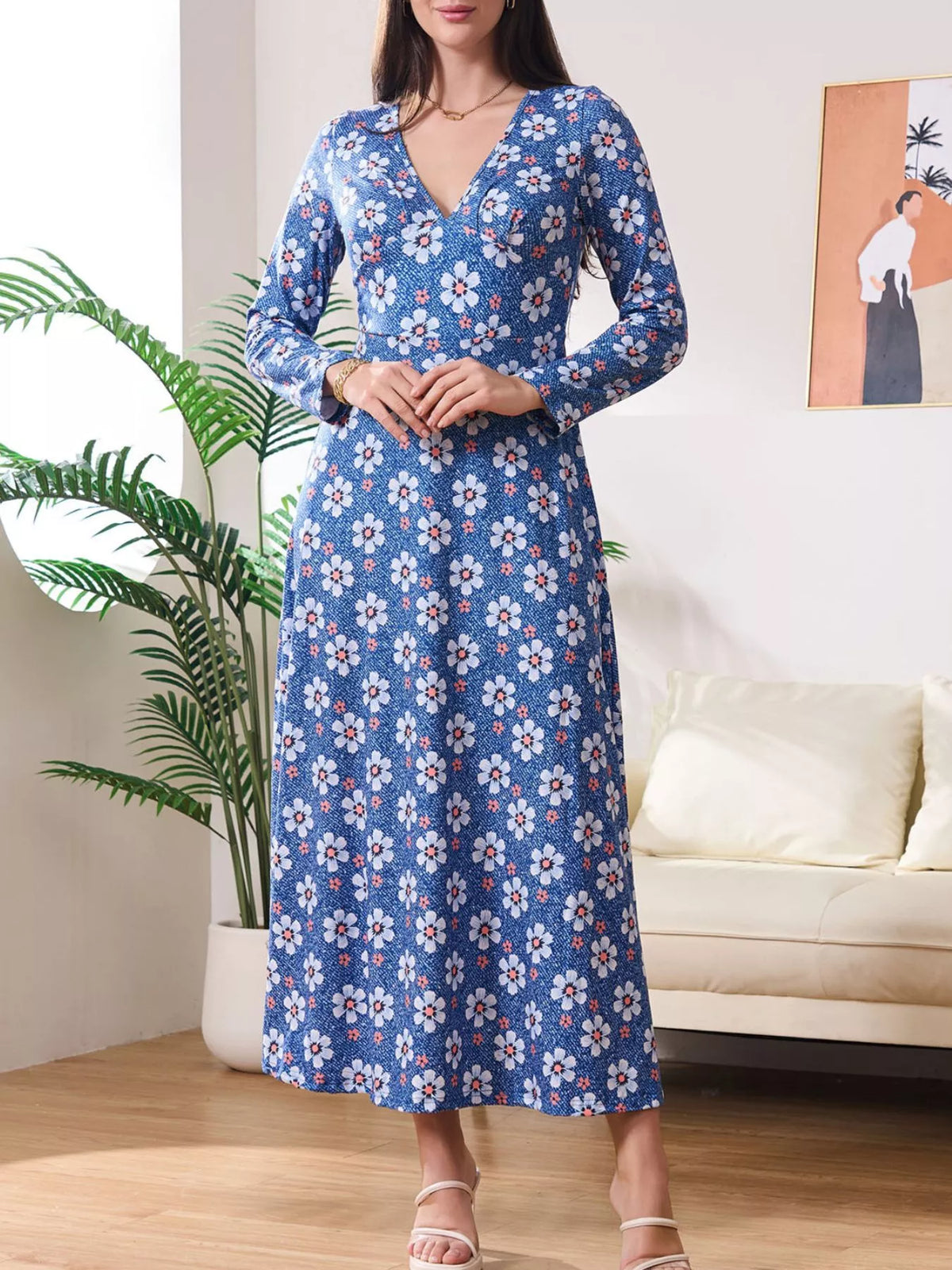 Floral Print V-Neck Long Sleeve Midi Dress in Blue