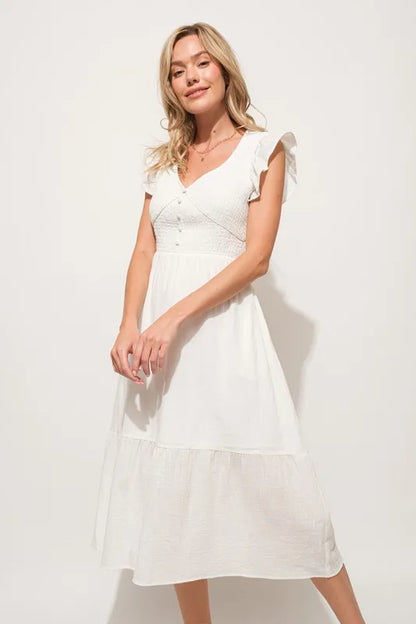 Ruffle Sleeve Smocked Midi Dress with Tiered Skirt in Off White