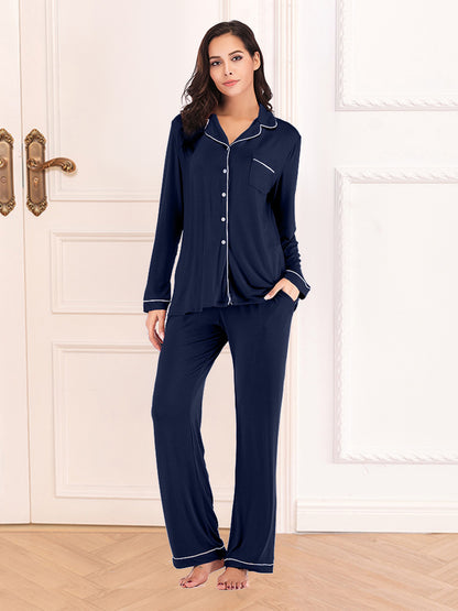 Collared Neck Long Sleeve Loungewear Set with Pockets — Livostyle