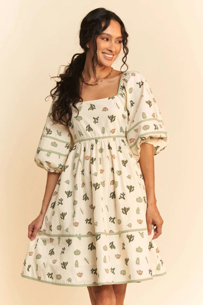 Whimsical Cactus Print Mini Dress with Contrast Piping — Livostyle