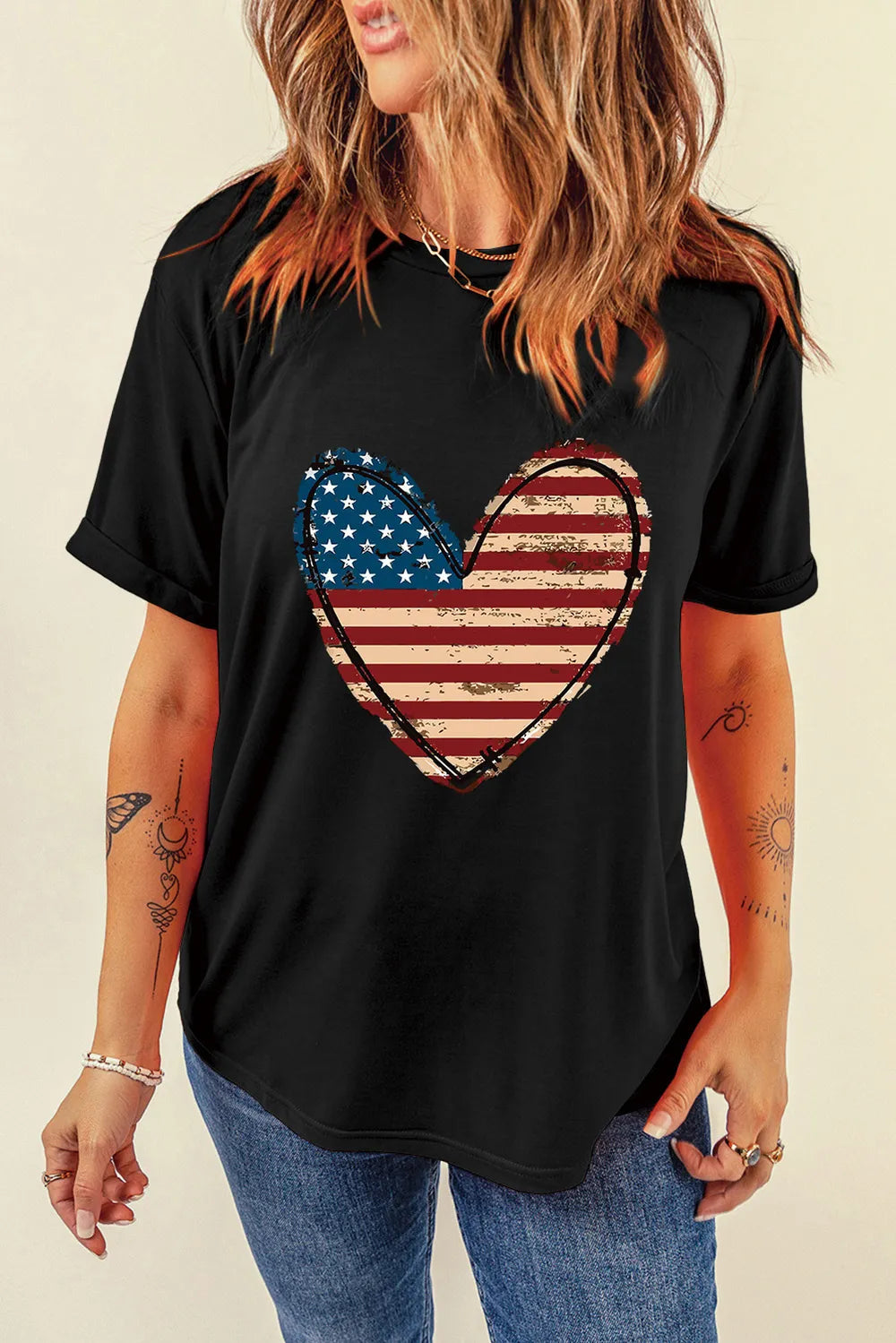 Stars and Stripes Heart Round Neck Short Sleeve T-Shirt — Livostyle