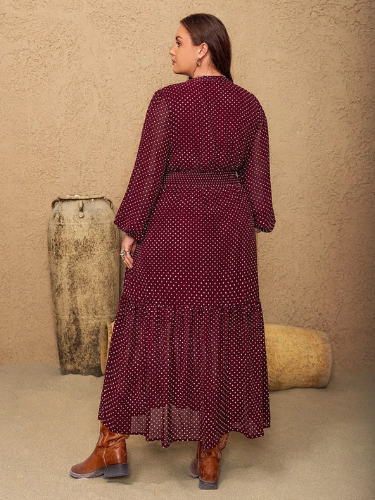 Embroidered Polka Dot Tie Neck Long Sleeve Midi Dress – Plus Size