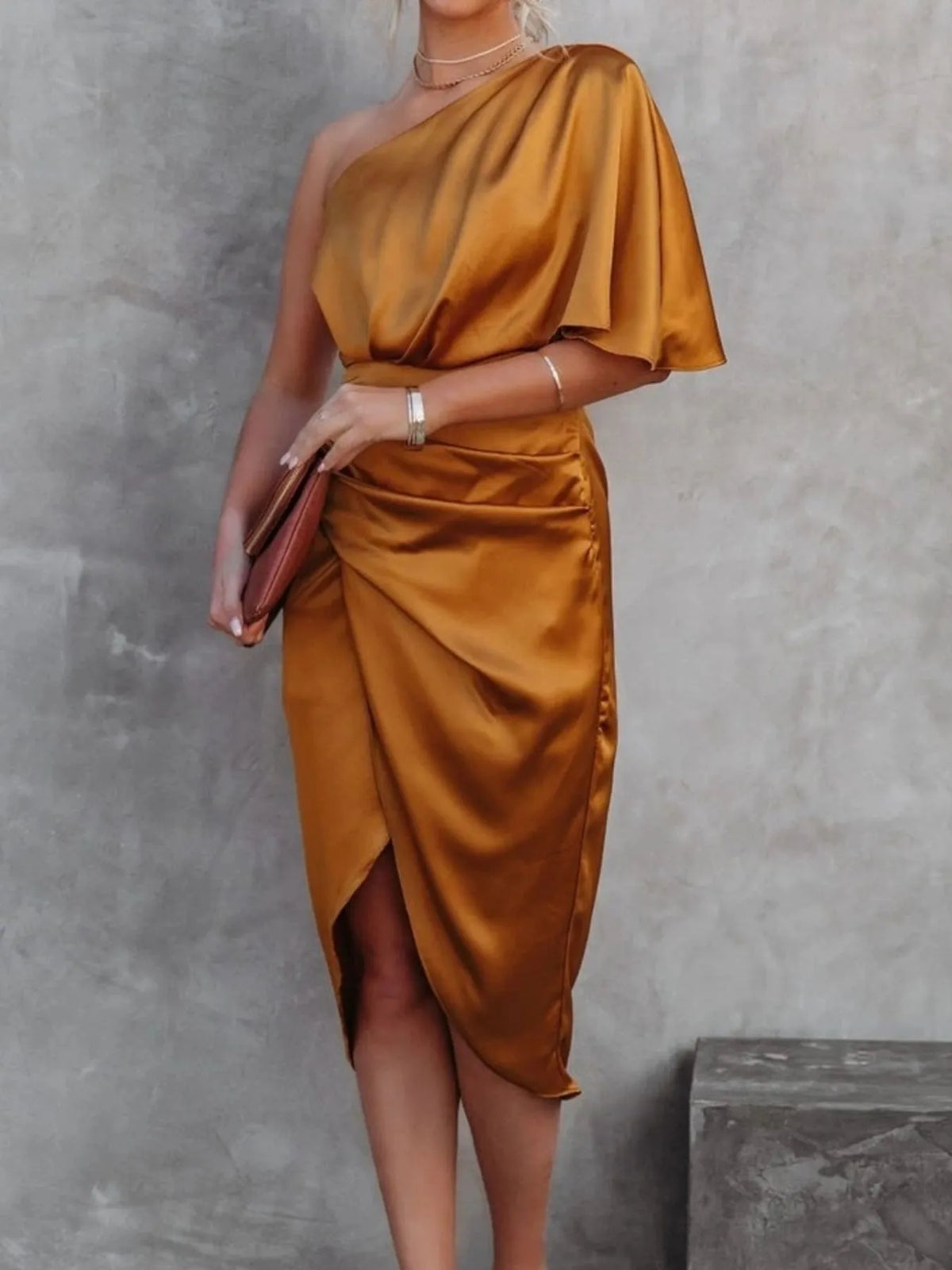 One-Shoulder Satin Wrap Dress with Side Slit in Orange
