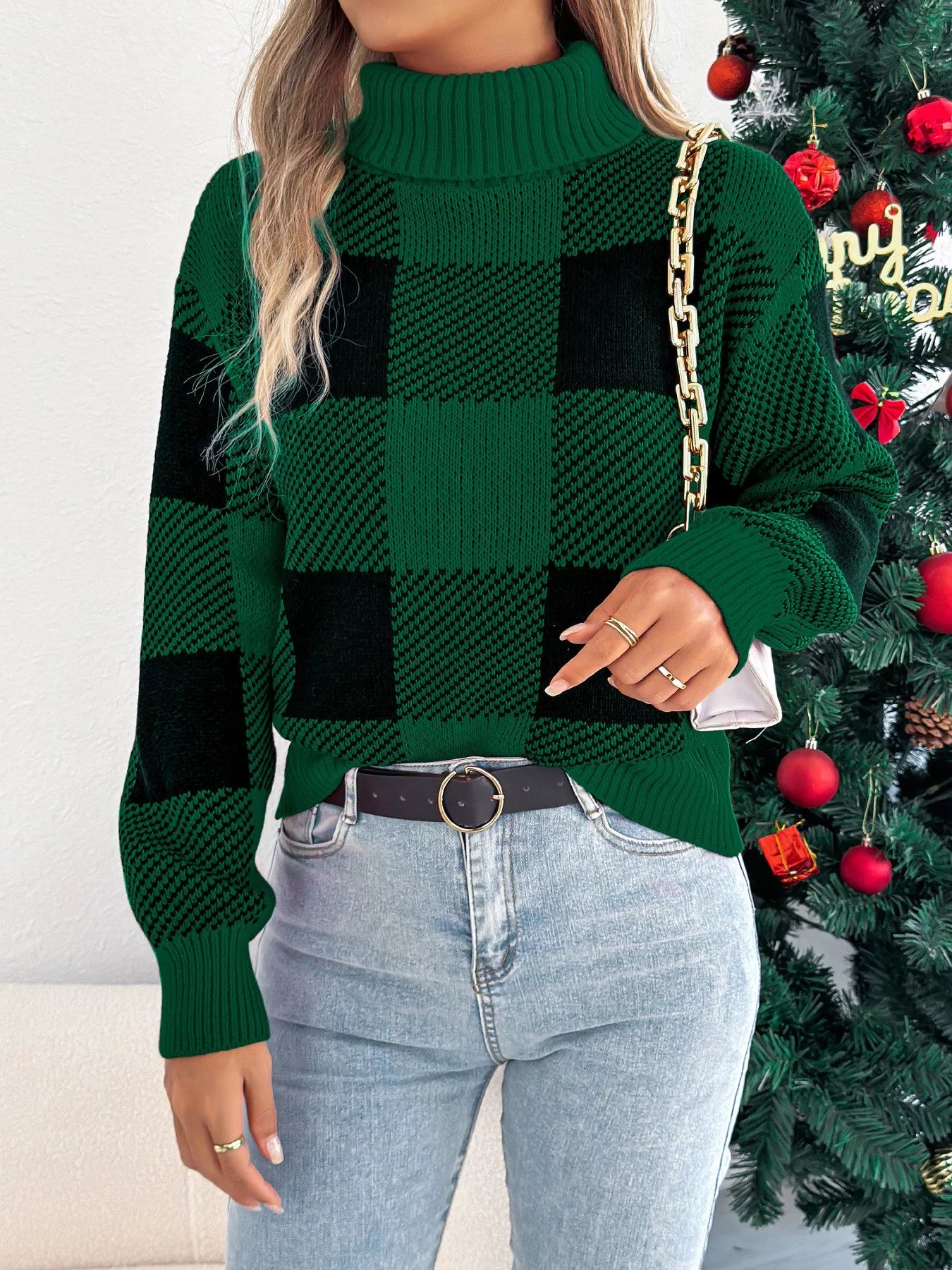 Christmas Plaid Long Sleeve Turtleneck Sweater — Livostyle