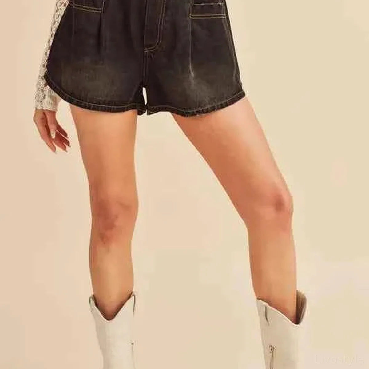 Frayed Hem Elastic Waist Denim Shorts — square view — Livostyle