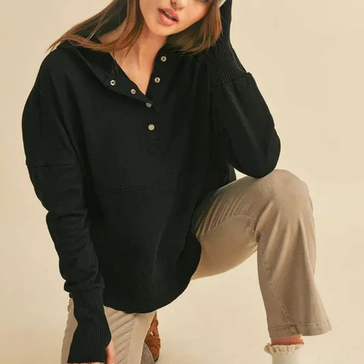 Casual Chic Half Snap Dropped Shoulder Hoodie — square view — Livostyle