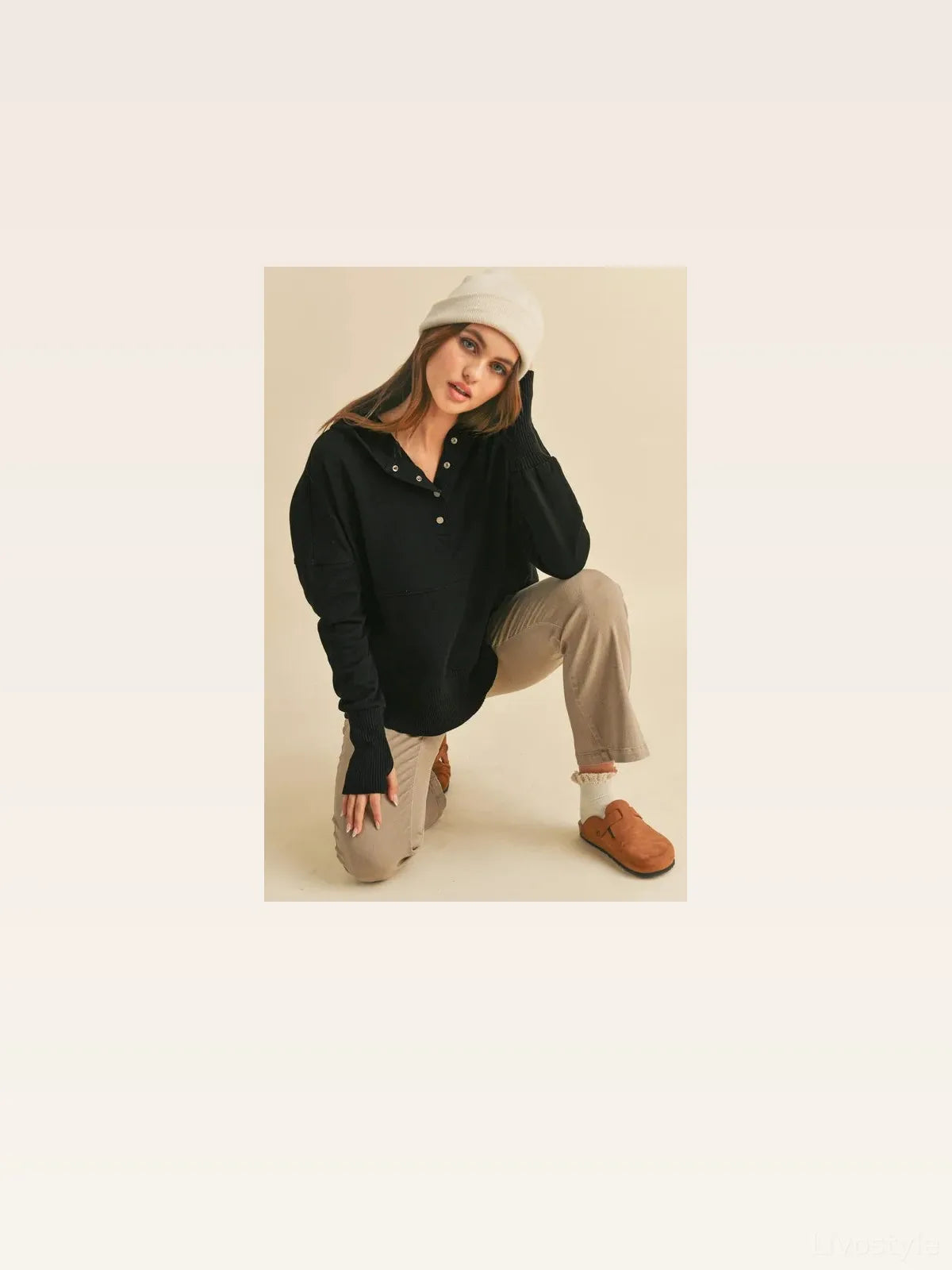 Casual Chic Half Snap Dropped Shoulder Hoodie — styled showcase — Livostyle