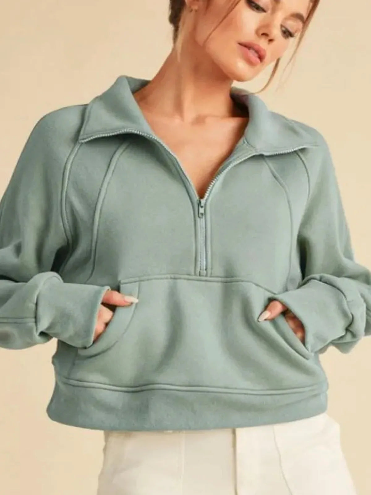 Versatile Half-Zip Raglan Sweatshirt with Kangaroo Pocket — detail view — Livostyle