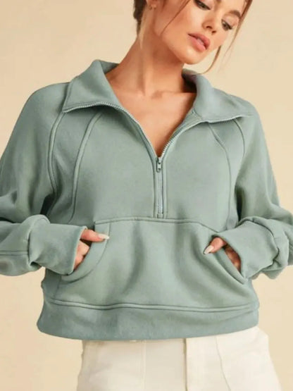 Versatile Half-Zip Raglan Sweatshirt with Kangaroo Pocket — detail view — Livostyle