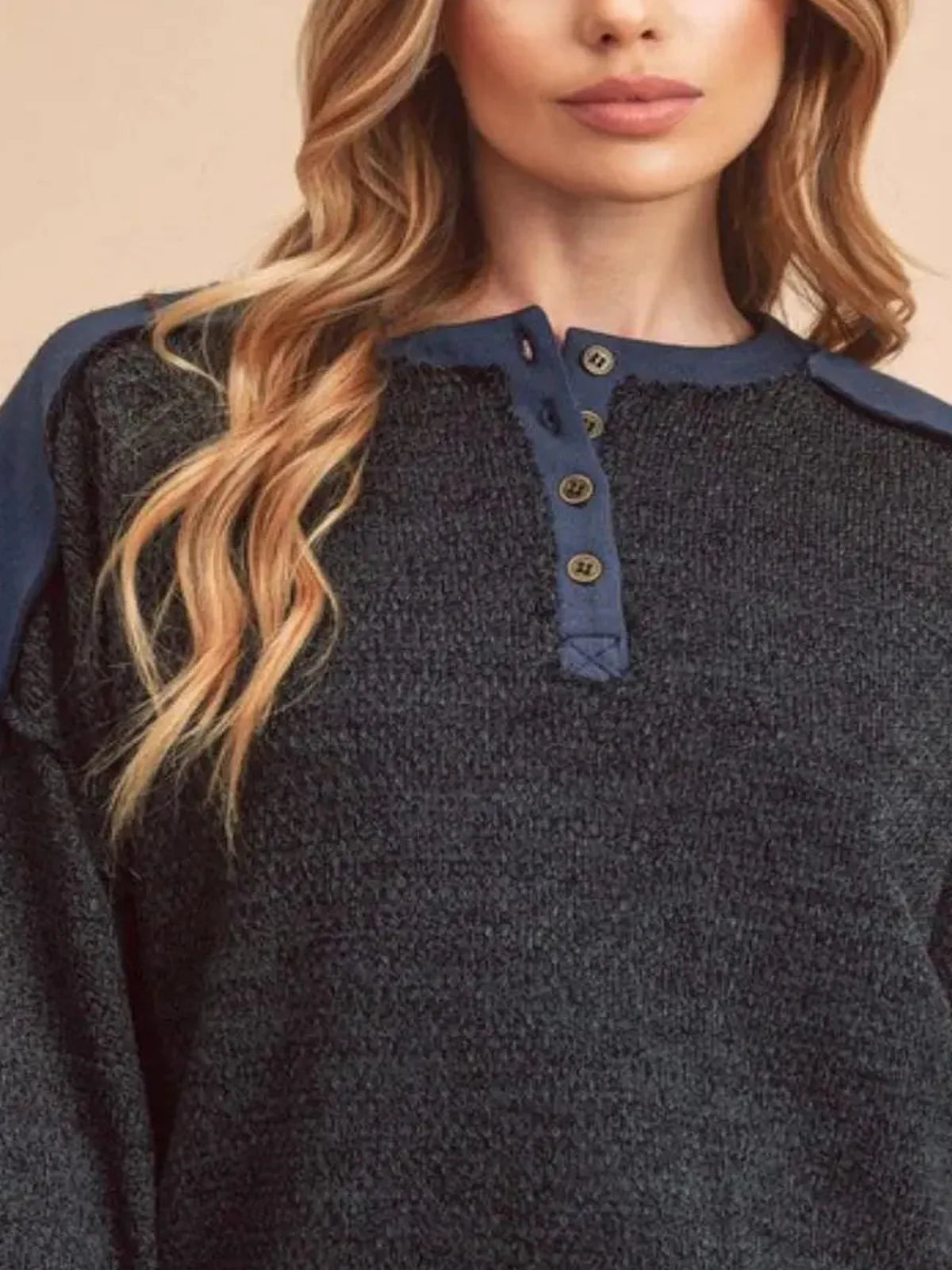 Casual Sweatshirt with Side Slits & Contrast Shoulders — detail view — Livostyle