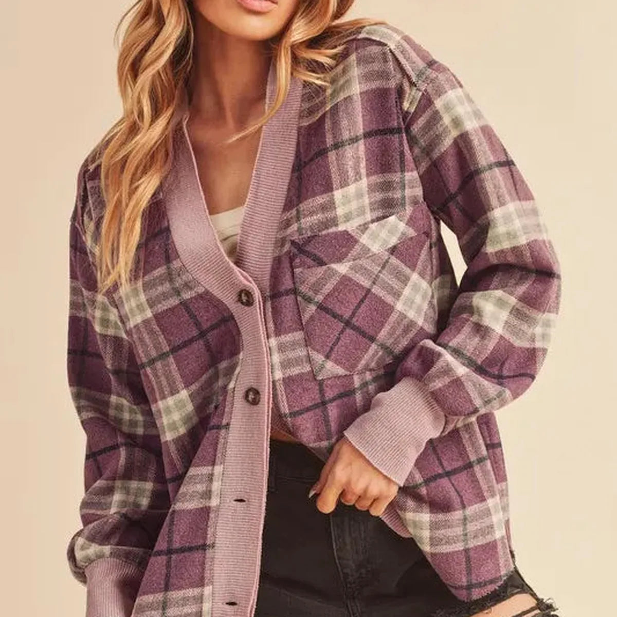 Chic Plaid Jacket with Side Slits and Patch Pockets — square view — Livostyle