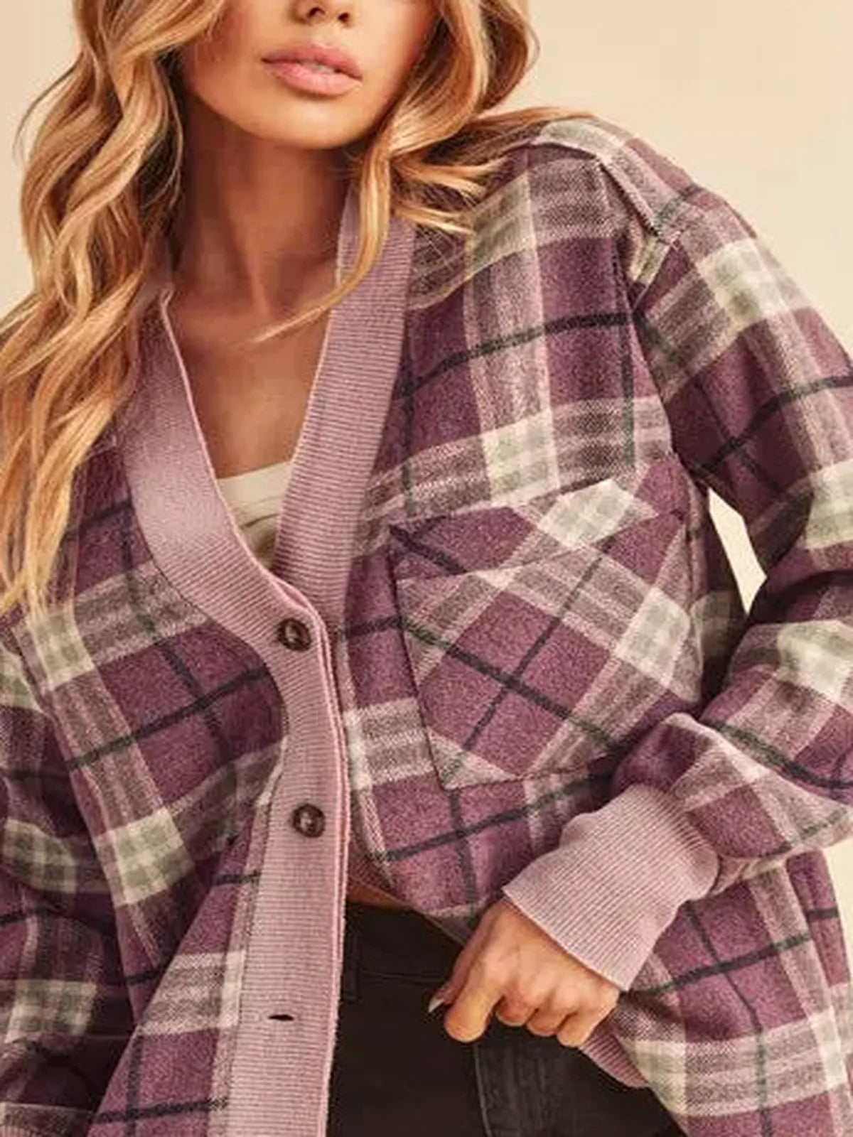Chic Plaid Jacket with Side Slits and Patch Pockets — detail view — Livostyle