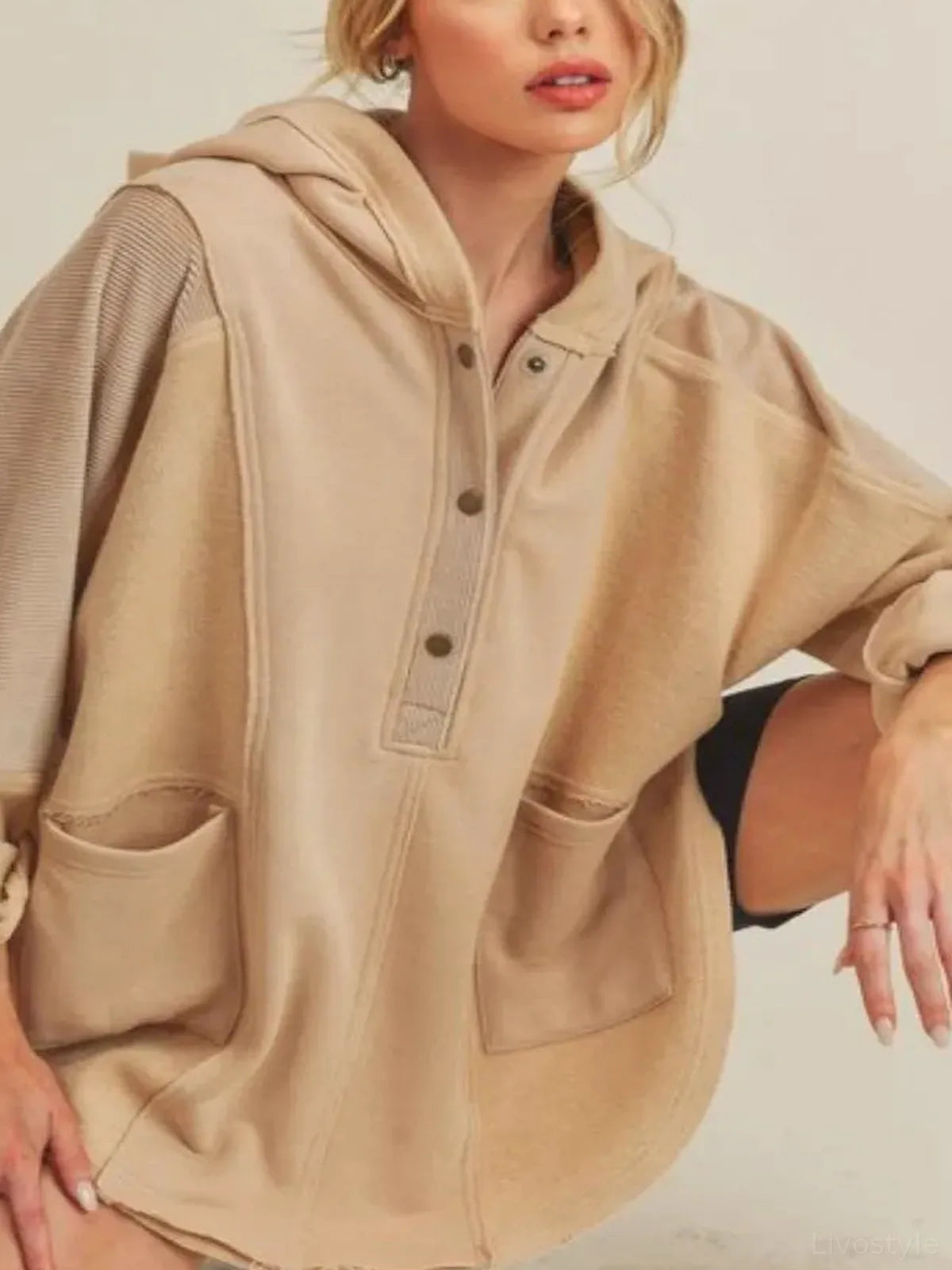 Chic Oversized Hoodie with Unique Slit & Snap Design — detail view — Livostyle