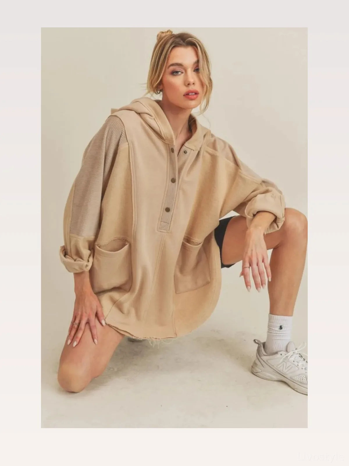 Chic Oversized Hoodie with Unique Slit & Snap Design — styled showcase — Livostyle