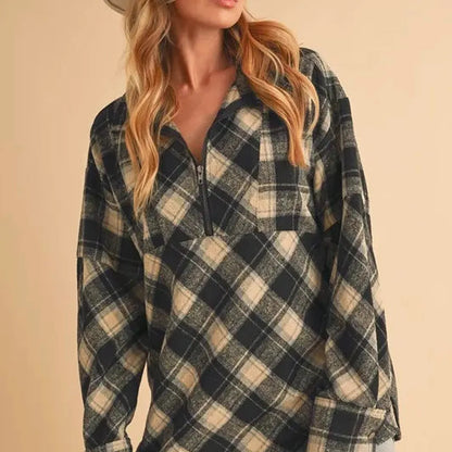 Stylish Plaid Half Zip Top with Slit Detail & Drop Shoulders — square view — Livostyle