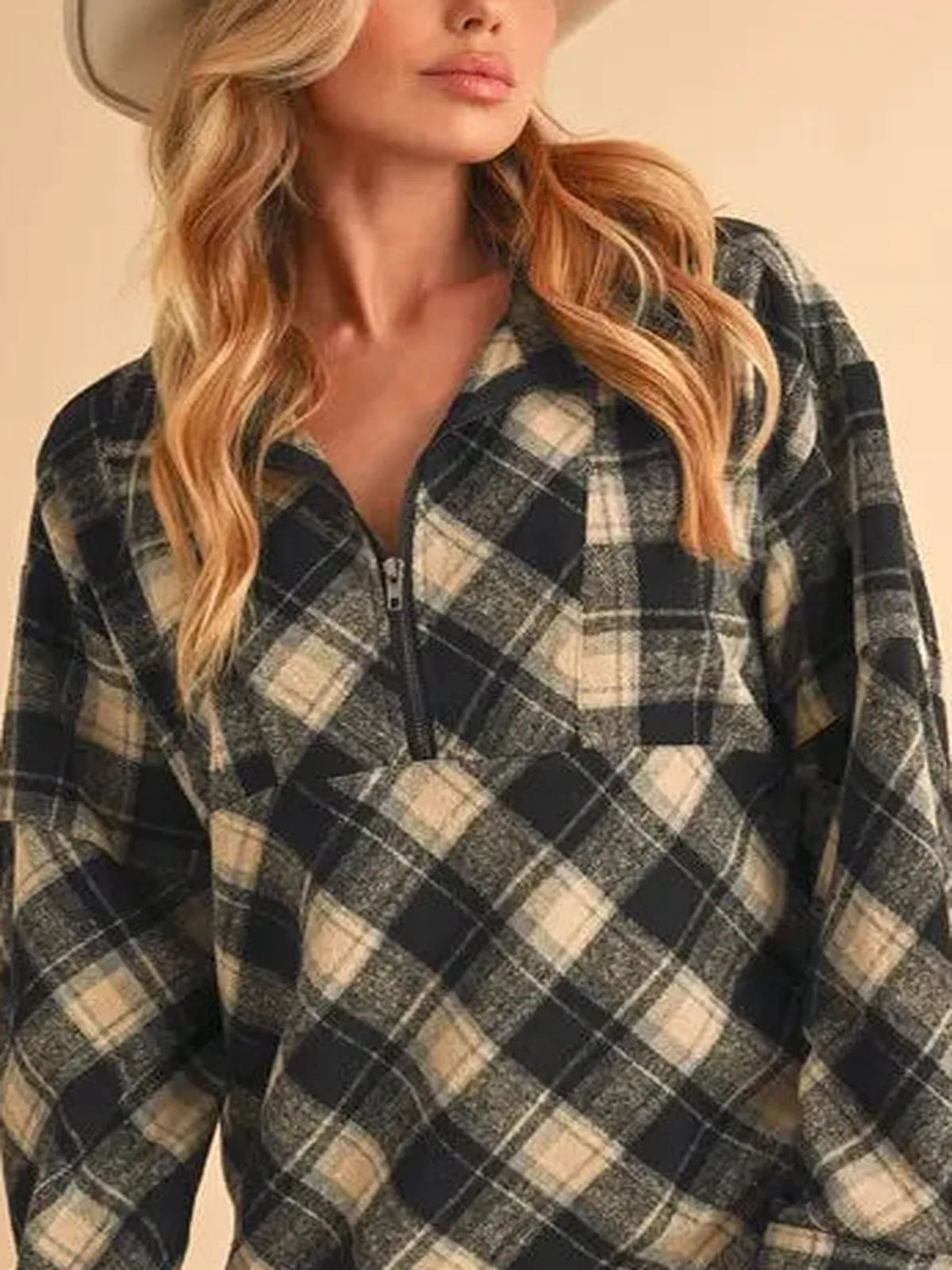 Stylish Plaid Half Zip Top with Slit Detail & Drop Shoulders — detail view — Livostyle