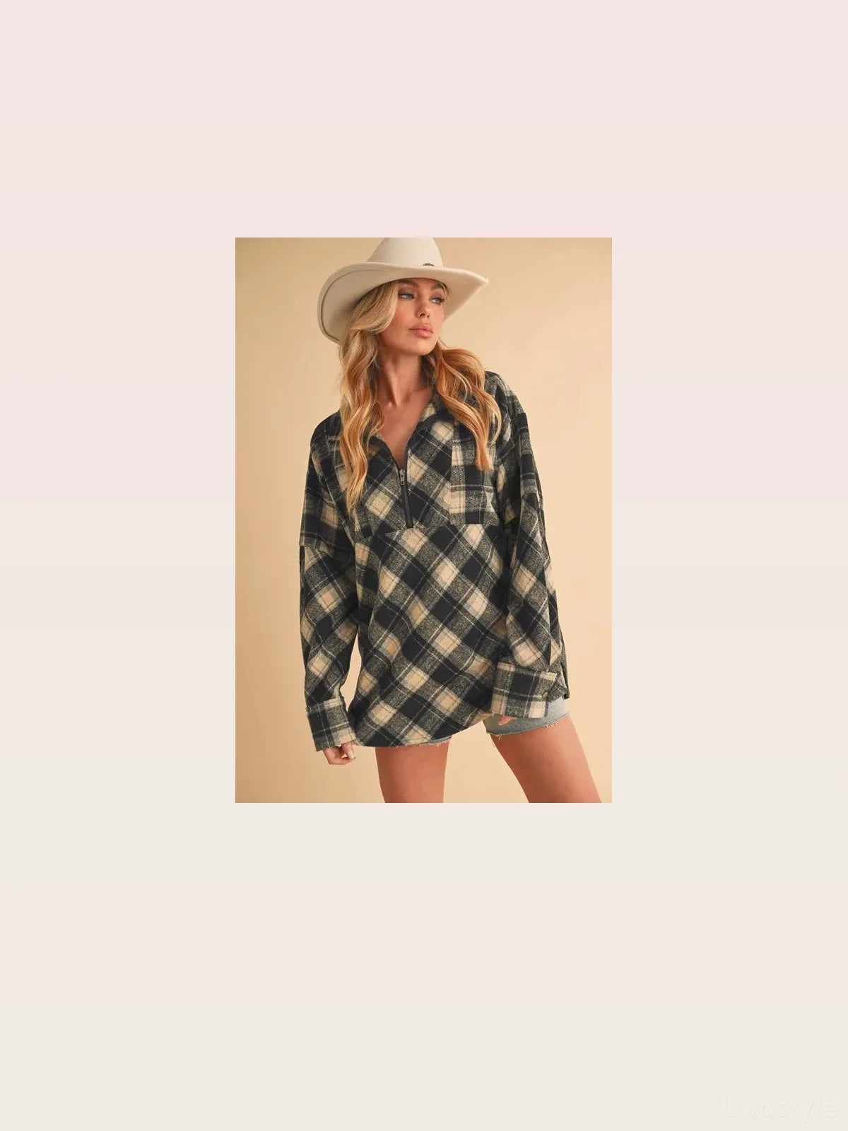 Stylish Plaid Half Zip Top with Slit Detail & Drop Shoulders — styled showcase — Livostyle