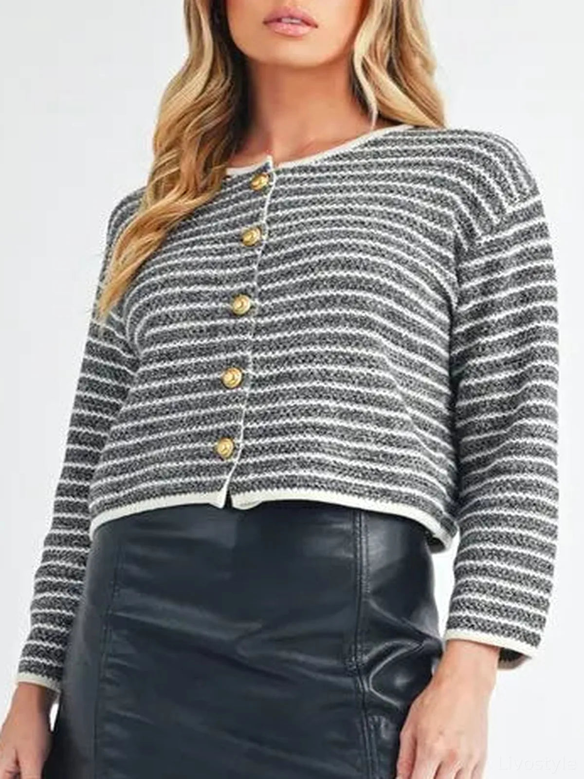 Elegant Striped Button-Down Cardigan — detail view — Livostyle