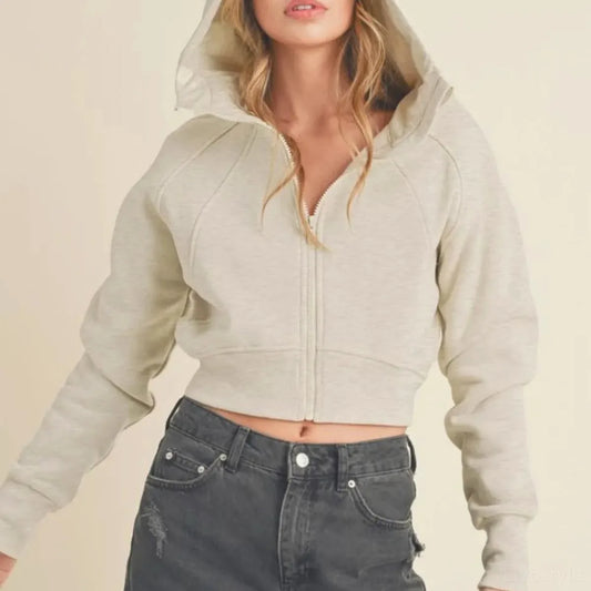 Stylish Zip-Up Cropped Hoodie with Raglan Sleeves — square view — Livostyle