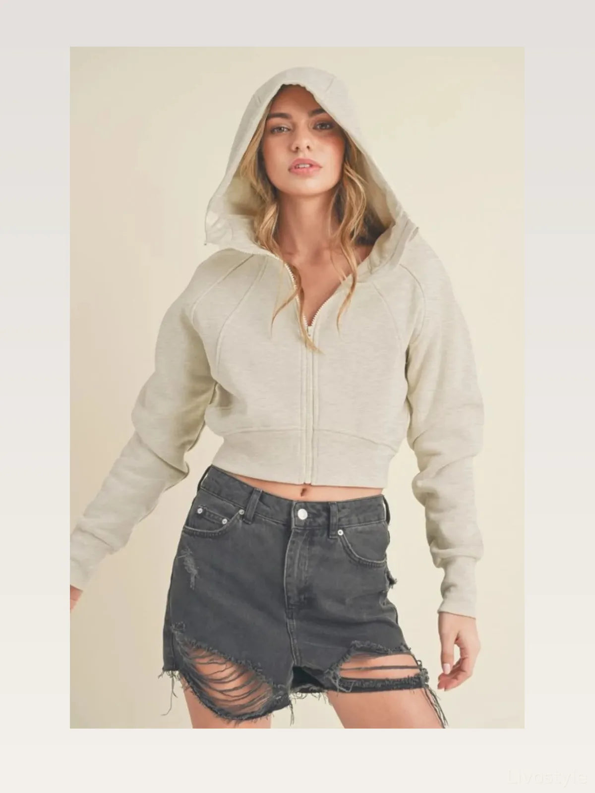 Stylish Zip-Up Cropped Hoodie with Raglan Sleeves — styled showcase — Livostyle