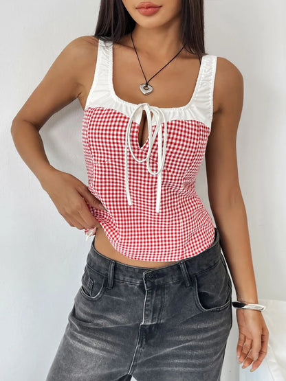 Contrast Plaid Square Neck Tank back view — Livostyle