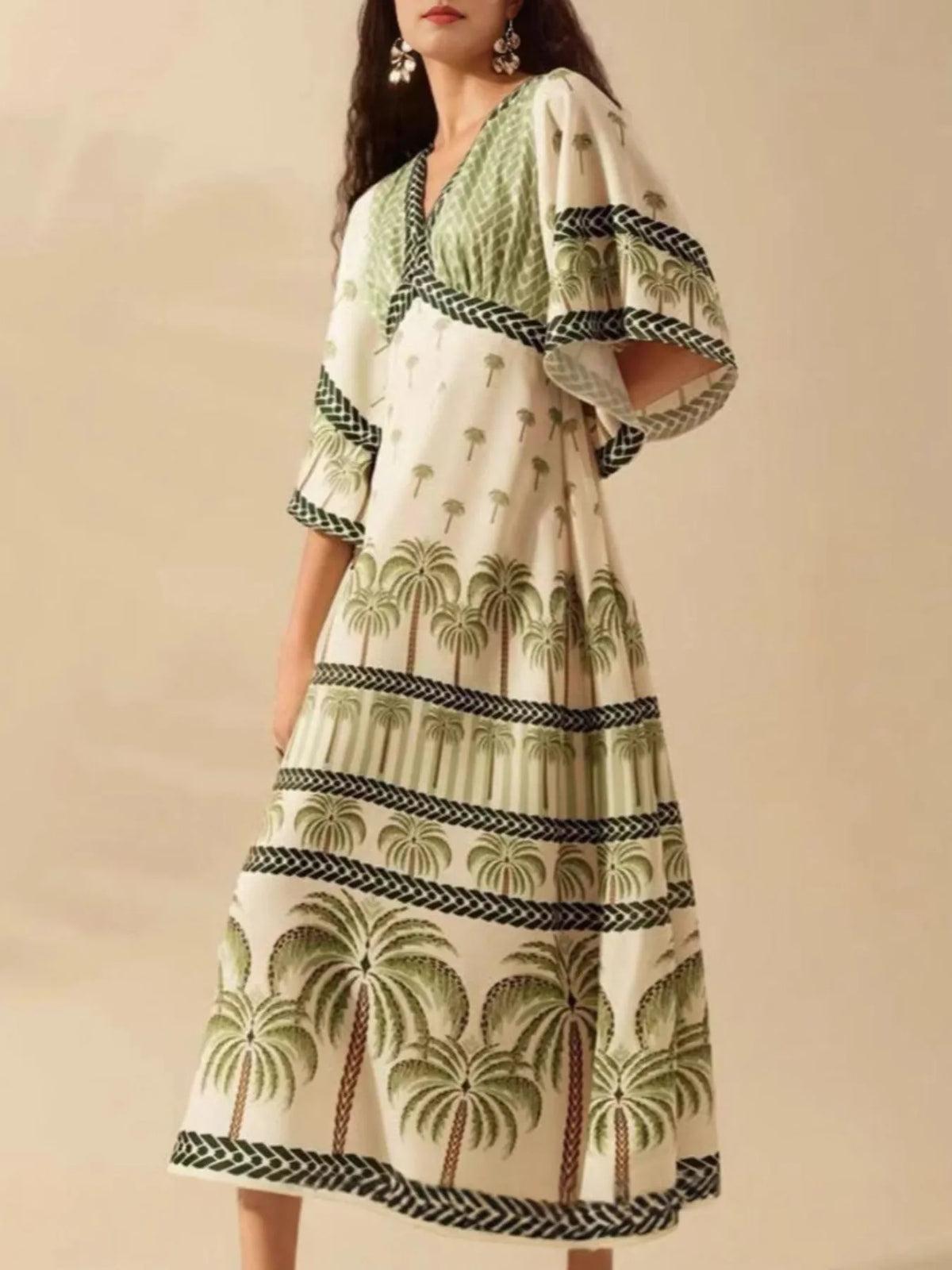 Palm Print V-Neck Midi Dress in Matcha Green