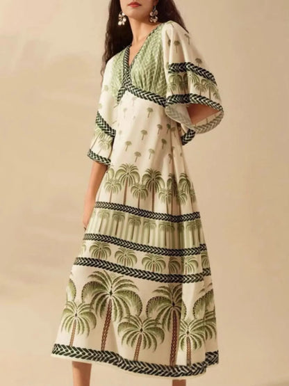 Palm Print V-Neck Midi Dress in Matcha Green