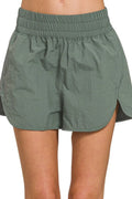 Nylon Windbreaker Running Shorts with Smocked Waist in Ash Jade