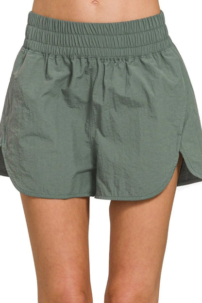 Nylon Windbreaker Running Shorts with Smocked Waist in Ash Jade