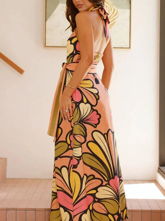 Printed Halter Neck Tie Maxi Cami Dress