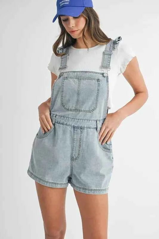 MABLE Square Neck Ruffle Shoulder Denim Overall Romper