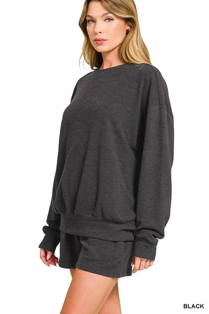 Slub Long Sleeve Top and Shorts Set in Black — Livostyle